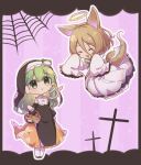  2girls animal_ears black_dress black_headwear black_sleeves blonde_hair chibi closed_eyes closed_mouth commentary_request detached_sleeves dress fox_ears fox_girl fox_tail frog_hair_ornament green_eyes green_hair habit hair_ornament halloween halloween_costume highres kochiya_sanae kudamaki_tsukasa long_hair long_sleeves multiple_girls no_nose nun open_mouth pantyhose short_hair sleeves_past_fingers sleeves_past_wrists smile snake_hair_ornament tail toori_sototo touhou white_dress white_pantyhose 