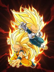  2boys armor aura black_background blonde_hair blue_bodysuit blue_boots blue_shirt bodysuit boots chibi clenched_hand closed_mouth dougi dragon_ball dragon_ball_daima full_body gloves green_eyes highres long_hair male_focus multiple_boys no_eyebrows orange_pants orange_tunic pants parted_lips renatt_(rntt_o) saiyan_armor shirt smirk son_goku spiky_hair tunic vegeta white_armor white_boots white_gloves 