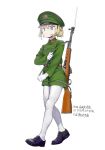  1girl bayonet black_footwear blonde_hair blue_eyes closed_mouth full_body gloves green_headwear gun highres military military_uniform original pantyhose short_hair simple_background solo uniform weapon white_background white_gloves white_pantyhose zhongye_yu 