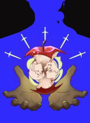  1boy 2girls absurdres apple bitten_apple closed_eyes commentary english_commentary food food_bite fruit glasses highres himemiya_anthy multiple_girls ootori_akio plutomapss shoujo_kakumei_utena silhouette sword tenjou_utena weapon 