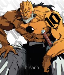  1boy absurdres arm_on_own_leg arrancar balding black_eyes black_hair bleach broken_mask clenched_teeth commentary copyright_name facial_hair facial_mark forked_eyebrows hakama highres hole_in_chest hole_on_body isaacchief300 japanese_clothes long_hair mask muscular muscular_male mutton_chops number_tattoo shoulder_tattoo sitting solo sword tattoo teeth thick_eyebrows topless_male weapon white_hakama yammy_llargo 