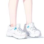  1girl blue_archive chinese_commentary close-up commentary cross-laced_footwear footwear_focus hibiki_(blue_archive) highres legs making-of_available no_socks shadow shoelaces shoes simple_background sneakers solo white_background white_footwear 