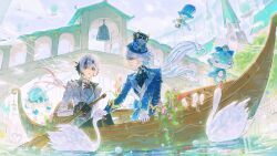  2girls absurdres ahoge aircraft arlecchino_(genshin_impact) ascot beak bell bird black_ascot black_eyes black_gloves black_hair black_pants black_shirt blue_bow blue_eyes blue_gemstone blue_hair blue_hat blue_jacket boat bow bridge building camera closed_mouth clouds cloudy_sky creature cup day european_architecture feathered_wings fish floating_hair flower flying furina_(genshin_impact) gem genshin_impact gentilhomme_usher gloves grey_hair grey_jacket grey_vest hair_between_eyes hat hat_bow hat_ornament highres holding holding_camera holding_oar hot_air_balloon jacket jar lantern lapels leaf long_hair long_sleeves looking_at_another low_ponytail low_twintails mademoiselle_crabaletta multicolored_hair multiple_girls oar on_boat open_clothes open_jacket open_mouth outdoors pants pearl_(gemstone) petals petting pink_flower ponytail purple_flower purple_sky red_flower red_hair red_pupils river shirt shui_zhi_pingshi sitting sky smile sparkle spoon standing surintendante_chevalmarin swan symbol-shaped_pupils table taking_picture top_hat tulip twintails two-tone_hair vest watercraft white_gloves white_hair white_shirt white_vest wings x-shaped_pupils 