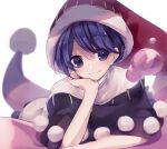  1girl closed_mouth commentary_request doremy_sweet dress fur-trimmed_headwear fur_trim hat head_on_hand highres looking_at_viewer lying on_stomach pom_pom_(clothes) purple_hair red_headwear short_hair simple_background smile solo toori_sototo touhou violet_eyes white_background white_dress 
