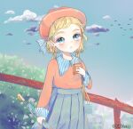  1girl artist_name blonde_hair blue_bow blue_collar blue_eyes blue_skirt blue_sky blue_umbrella bow bush buttons child cityscape closed_mouth clouds collar collared_shirt commentary day drink drinking_straw english_commentary eyelashes eyeshadow flock frown hair_bow hat high-waist_skirt holding holding_drink holding_umbrella juice_box kikkidream light_blush long_hair long_sleeves looking_at_viewer low_twintails makeup original outdoors pink_eyeshadow plant polka_dot polka_dot_umbrella railing red_headwear red_shirt shirt skirt sky solo straight_hair striped striped_bow thick_eyebrows twintails two-tone_bow two-tone_collar umbrella vertical-striped_collar white_bow white_collar 