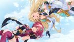  2girls bare_shoulders black_gloves blonde_hair blue_sky brown_eyes cleavage_cutout clothing_cutout dress fingerless_gloves gloves multiple_girls mythra_(xenoblade) pyra_(xenoblade) red_eyes red_thighhighs redhead sky smile thigh-highs thigh_strap tiara wanderstillart white_dress xenoblade_chronicles_(series) xenoblade_chronicles_2 