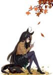  1girl ahoge animal_ears autumn_leaves black_footwear black_hair black_pantyhose brown_shirt ear_piercing from_side full_body green_skirt horse_ears horse_girl horse_tail kama_o_nu long_hair long_sleeves manhattan_cafe_(umamusume) pantyhose piercing shirt sitting skirt solo tail umamusume white_hair yellow_eyes 