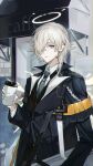  1boy absurdres arknights black_jacket black_vest coffee_mug collared_shirt commentary_request cup detached_wings enforcer_(arknights) grey_eyes grey_hair grey_necktie hair_over_one_eye halo highres holding holding_cup jacket long_sleeves looking_at_viewer male_focus mug nanase_(nanase_cg) necktie parted_lips shirt solo vest white_shirt white_wings wings 