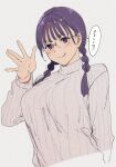1girl alp braid breasts glasses highres large_breasts long_hair long_sleeves looking_at_viewer original purple_hair simple_background smile smirk solo speech_bubble sweater talking turtleneck turtleneck_sweater twin_braids twintails upper_body violet_eyes waving white_background white_sweater