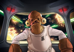  1boy aitor_prieto alien gial_ackbar highres laser looking_at_viewer mon_calamari shirt spacecraft_interior star_wars star_wars:_unlimited upper_body white_shirt window 