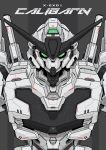  absurdres alternate_color character_name english_commentary english_text green_eyes grey_background gundam gundam_calibarn gundam_suisei_no_majo highres looking_at_viewer mecha mobile_suit no_humans robot science_fiction solo upper_body v-fin voxiela 