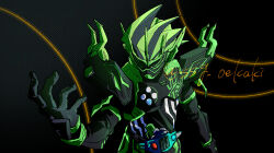  1boy armor belt black_bodysuit bodysuit buggle_driver_ii cape clock gashat green_eyes helmet highres horns kamen_rider kamen_rider_chronicle kamen_rider_cronus kamen_rider_ex-aid_(series) looking_at_viewer male_focus rider_belt rider_gashat solo ssg_oekaki standing upper_body 