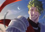  1boy absurdres achilles_(fate) armor blue_sky blurry crescent_moon depth_of_field fate/apocrypha fate_(series) green_hair grin haruakira highres looking_ahead male_focus mature_male moon orange_eyes red_sash sash short_hair shoulder_armor sideburns sky smile solo undercut upper_body 