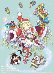  1girl :o bell blonde_hair blush brave_sword_x_blaze_soul christmas_stocking commentary_request copyright_name dress fang full_body fur-trimmed_dress fur-trimmed_shoes fur-trimmed_sleeves fur-trimmed_thighhighs fur_trim gift green_background green_eyes hat highres lionheart_(brave_sword_x_blaze_soul) long_hair long_sleeves morino_hon open_mouth red_hat red_shoes red_thighhighs santa_costume santa_dress santa_hat shoes sleeves_past_fingers sleeves_past_wrists snowman solo sparkle standing standing_on_one_leg star-shaped_pupils star_(symbol) symbol-shaped_pupils thigh-highs watermark wide_sleeves 