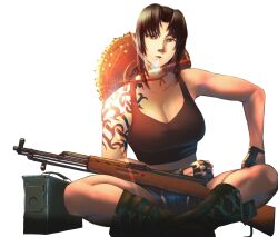  1girl absurdres adun_madun ammunition_box black_boots black_lagoon boots brown_hair crossed_legs fingerless_gloves gloves gun highres lens_flare long_hair looking_at_viewer ponytail revy_(black_lagoon) rifle shorts sks solo weapon 