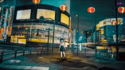  1girl absurdres ad banishment black_hat black_shoes black_skirt blue_eyes blue_hair blush building city cityscape collared_shirt crosswalk direction_board expressionless fedora hat highres lamppost lantern legs_apart long_sleeves looking_to_the_side medium_skirt night original outdoors overcast paper_lantern power_lines railing road_sign scenery shirt shoelaces shoes short_hair sign skirt sky solo standing tile_floor tiles traffic_light utility_pole white_shirt wide_shot 