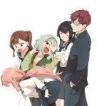  1boy 4girls absurdres annoyed bags_under_eyes black_hair black_shirt black_thighhighs blue_sailor_collar brown_eyes brown_hair clenched_teeth closed_eyes falling frown glasses green_hair green_jacket highres jacket komaro-chan kotobuki_hisako long_sleeves mizunoe_ume muchi_maro multiple_girls open_mouth otori-tan pants pink_hair rectangular_eyewear sailor_collar seitokai_nimo_anawa_aru! semi-rimless_eyewear shirt simple_background skirt surprised sweatdrop teeth terui_arisu thigh-highs walking white_background white_shirt 