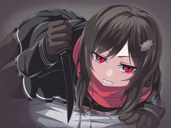  1girl black_gloves black_hair black_shirt black_skirt black_thighhighs clenched_teeth commentary deni_m eyelashes gloves hair_ornament hairclip holding holding_weapon long_sleeves looking_at_viewer lying mole mole_under_mouth on_side on_stomach pleated_skirt red_eyes red_ribbon red_scarf reverse_grip ribbon sayo_samonji_(tenka_hyakken) scarf shirt short_sword sidelocks skirt solo sword tantou teeth tenka_hyakken thigh-highs v-shaped_eyebrows weapon 