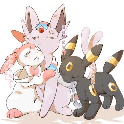  animal_focus bandages blush bow closed_eyes closed_mouth cuddling espeon forehead_jewel forked_tail frown highres hp7car7nxrq5s7q no_humans pokemon pokemon_(creature) pokemon_focus ribbon simple_background sylveon tail umbreon 