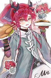  1boy arknights beads black_hair blush border chibi chicken_(food) chinese_commentary coat colored_extremities commentary_request embarrassed food fried_chicken grey_coat hair_between_eyes hair_intakes highres holding holding_plate horns long_hair looking_at_viewer male_focus mnn_(xinjinjumin035149496925) multicolored_hair open_mouth outside_border plate pointy_ears red_eyes red_hair solo streaked_hair sweatdrop white_border wide_sleeves yu_(arknights) 