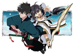  1boy 1other ahoge amulet androgynous black_hair black_hakama blue_eyes blue_kimono braid choker command_spell fate/samurai_remnant fate_(series) fighting_stance foreshortening from_above hair_intakes hakama holding holding_sword holding_weapon japanese_clothes jewelry katana kimono long_braid looking_at_viewer miyamoto_iori_(fate) necklace other_with_male pirohi_(pirohi214) ready_to_draw sheath sheathed sidelocks single_braid smile sword topknot waraji weapon yamato_takeru_(fate) yellow_eyes 