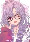  1girl ;d black-framed_eyewear blush bow drill_hair glasses hair_bow hair_ornament hairclip heart highres hyakumantenbara_salome hyakumantenbara_salome_(1st_costume) jacket long_hair nijisanji one_eye_closed open_clothes open_jacket purple_hair ryokka shirt smile solo violet_eyes virtual_youtuber white_shirt 