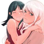  2girls aged_down artist_name bare_shoulders black_hair blue_eyes blunt_bangs child closed_eyes closed_mouth commentary english_commentary family highres hug long_hair looking_at_viewer mother_and_daughter multiple_girls mygiorni nico_olvia nico_robin one_piece simple_background smile white_background white_hair 