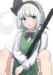  1girl absurdres black_bow black_bowtie blue_eyes bow bowtie expressionless green_jacket green_skirt highres jacket konpaku_youmu konpaku_youmu_(ghost) long_sleeves looking_at_viewer open_mouth refuson_man shirt short_hair sitting skirt solo sword touhou weapon white_background white_hair white_shirt 