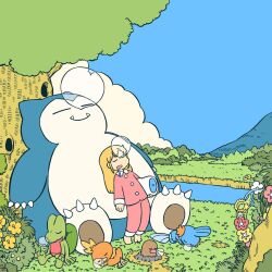  =_= against_tree arawi_keiichi barefoot blue_sky bush closed_eyes closed_mouth clouds collared_shirt comfey day diglett drooling fangs flower grass holding holding_pillow long_sleeves lying mixed-language_commentary mudkip nose_bubble nostrils official_art on_side open_mouth outdoors pajamas pants pillow pink_pajamas pink_pants pink_shirt pokemon pokemon_(creature) pokemon_sleep psyduck river saliva second-party_source shirt sitting sky sleeping sleeping_upright snorlax starter_pokemon_trio torchic tree treecko 