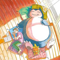  1boy barefoot book brown_hair closed_eyes closed_mouth cup curtains fangs from_above green_pants indoors itagaki_paru lying mixed-language_commentary official_art on_back on_side open_book open_mouth pants pillow pokemon pokemon_(creature) pokemon_sleep purple_shirt second-party_source shirt short_hair short_sleeves sitting sleeping smile snorlax torchic window 