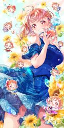  1girl ahoge birthday blue_dress blush breasts chibi commentary_request dress flower grin highres holding_hourglass hourglass iroenpitsu_xxx love_live! love_live!_sunshine!! medium_breasts multiple_persona orange_hair red_eyes short_hair smile sunflower takami_chika watermark 