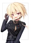  1girl :d absurdres belt blonde_hair blush brown_gloves cross epaulettes fang gloves highres iron_cross jiseki_rena looking_at_viewer military_uniform nazi necktie original red_eyes reichsadler rena_(jiseki_rena) short_hair_with_long_locks skin_fang smile solo totenkopf tsurime uniform white_background 