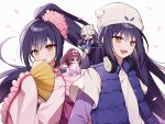  2girls black_hair blush brown_eyes character_request closed_mouth copyright_request headphones headphones_around_neck long_hair long_sleeves lun_ch multiple_girls open_mouth ponytail redhead shirt smile white_shirt 
