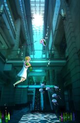  1girl air_bubble blonde_hair bottle bubble cat caustics diving_helmet escalator fish glass_bottle helmet highres holding holding_bottle indoors jellyfish mall original saku_onono scenery school_of_fish short_hair short_sleeves solo underwater wide_shot 