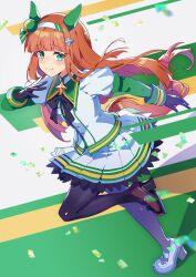  1girl animal_ears asymmetrical_footwear black_gloves black_pantyhose blue_eyes closed_mouth ear_covers full_body gloves green_sleeves hairband horse_ears horse_girl horse_tail jacket kafuki_fuka long_hair long_sleeves mismatched_footwear orange_hair pantyhose pleated_skirt running shoes silence_suzuka_(umamusume) simple_background skirt solo tail umamusume white_background white_hairband white_jacket white_skirt 