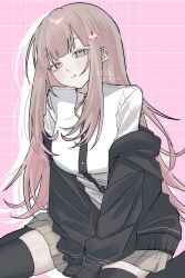  1girl breasts brown_hair collared_shirt danganronpa_(series) danganronpa_2:_goodbye_despair flipped_hair galaga hair_ornament highres hood jacket long_sleeves looking_at_viewer nanami_chiaki neck_ribbon off_shoulder open_clothes open_jacket pink_eyes pink_ribbon ribbon shiny_skin shirt skirt solo spaceship_hair_ornament thigh-highs v0_id11 white_shirt 