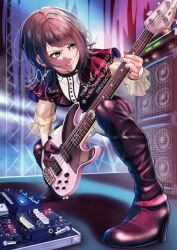  1girl 5-string_bass_guitar adversarial_noise amplifier bang_dream! bang_dream!_it's_mygo!!!!! bass_guitar black_boots black_hair boots capelet commentary_request earpiece extended_range_bass_guitar instrument music noir_(nowaru) open_mouth playing_bass_guitar playing_instrument red_capelet solo thigh_boots timoris_(bang_dream!) yahata_umiri 