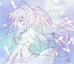  1girl blue_background bow braid closed_mouth commentary_request cowboy_shot floating_hair frilled_skirt frills from_side hair_between_eyes hair_bow happy_birthday huge_bow inui_sana izumi_tsubasu juliet_sleeves long_hair long_sleeves looking_ahead mashiroiro_symphony monochrome ponytail ponytail_day profile puffy_sleeves school_uniform shirt sidelocks signature simple_background single_braid sketch skirt smile solo very_long_hair 