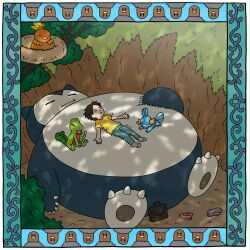  1boy =_= bird_nest border brown_bag brown_hair closed_eyes closed_mouth dappled_sunlight diglett fangs grass grey_socks lying mixed-language_commentary mudkip nostrils official_art on_back on_stomach open_mouth outdoors pokemon pokemon_(creature) pokemon_sleep qrais_usagi red_shoes second-party_source shirt shoes short_hair short_sleeves sitting sleeping snorlax socks starter_pokemon_trio sunlight torchic tree treecko unworn_shoes yawning yellow_shirt 