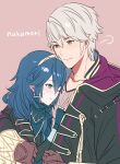  1boy 1girl ameno_(a_meno0) blue_eyes blue_hair brown_background brown_eyes coat fingerless_gloves fire_emblem fire_emblem_awakening gloves grey_hair hair_between_eyes hug long_hair lucina_(fire_emblem) one_eye_closed robin_(fire_emblem) robin_(male)_(fire_emblem) short_hair smile tiara very_short_hair 