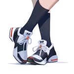  1girl black_socks blue_archive chinese_commentary close-up commentary cross-laced_footwear crossed_legs footwear_focus highres kneehighs legs maki_(blue_archive) making-of_available shadow shoelaces shoes simple_background sneakers socks solo white_background 