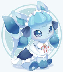  black_dress blue_eyes closed_mouth commentary_request dress frilled_dress frills glaceon glaceon_(tea_party) grey_background headdress highres iwasi_29 looking_at_viewer no_humans pokemon pokemon_(creature) pokemon_unite sitting smile solo white_background 