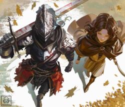  1girl 1other ambiguous_gender armor artist_name blood blood_on_armor blood_on_weapon bloody_wolf_(elden_ring) boots breastplate brown_hair cloak elden_ring facial_tattoo falling_leaves from_above full_armor gauntlets helmet highres holding holding_sword holding_weapon leaf maskoo185826 melina_(elden_ring) one_eye_closed over_shoulder pauldrons shoulder_armor sword tarnished_(elden_ring) tattoo tunic waist_cape watermark weapon weapon_over_shoulder yellow_eyes 