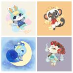  2boys 2girls ;&lt; ;d animal_crossing aqua_kimono arms_up artist_name balloon blue_eyes blue_jacket blush blush_stickers boater_hat border brown_headwear buttons closed_mouth collared_shirt commentary crescent crescent_moon dated dress english_commentary fang floral_print flower furry furry_female furry_male green_sash grey_background grey_dress hat heart heart_balloon highres holding holding_umbrella horns ione_(animal_crossing) jacket japanese_clothes kimono letterman_jacket long_sleeves looking_at_viewer matchaneko monkey_boy moon multiple_boys multiple_girls niko_(animal_crossing) obi oil-paper_umbrella on_crescent one_eye_closed open_mouth orange_background orange_eyes print_kimono purple_background rabbit_balloon rabbit_boy red_horns red_shirt red_umbrella sash sasha_(animal_crossing) shino_(animal_crossing) shirt short_sleeves simple_background sky sleeveless sleeveless_dress smile split_mouth squirrel_girl star_(sky) star_(symbol) starry_sky teeth umbrella upper_teeth_only white_border will-o&#039;-the-wisp_(mythology) yellow_flower 