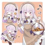  1girl apron ascot basket blank_eyes braid brown_apron brown_footwear closed_mouth cookie cup fire_emblem fire_emblem:_three_houses food highres holding holding_cookie holding_cup holding_food long_hair long_sleeves lysithea_von_ordelia maid_headdress multiple_views noto_(user_dajk3722) open_mouth pantyhose pink_eyes purple_hair purple_ribbon ribbon shirt skirt teacup twin_braids waist_apron white_shirt white_skirt 