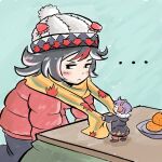  ... 2girls averting_eyes black_hair blush closed_eyes coat earmuffs english_commentary food fruit fur-trimmed_coat fur_trim highres kijin_seija kotatsu leaf_print mandarin_orange maple_leaf_print mini_person minigirl multicolored_hair multiple_girls oysterfried pom_beanie purple_hair redhead scarf short_hair streaked_hair sukuna_shinmyoumaru table touhou winter winter_clothes winter_coat 