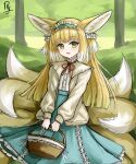  1girl :d absurdres animal_ear_fluff animal_ears arknights basket blonde_hair blue_skirt blush commentary english_commentary fox_ears fox_girl fox_tail green_eyes high-waist_skirt highres holding holding_basket jacket kitsune long_hair long_sleeves looking_at_viewer multicolored_hair neck_ribbon open_clothes open_jacket puffy_long_sleeves puffy_sleeves red_ribbon ribbon rylaera shirt signature skirt smile solo suzuran_(arknights) suzuran_(spring_praise)_(arknights) tail two-tone_hair very_long_hair white_hair white_jacket white_shirt 