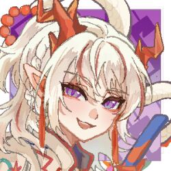  1girl :d absurdres arknights chinese_commentary commentary_request dragon_girl dragon_horns earrings highres horns jewelry looking_at_viewer mnn_(xinjinjumin035149496925) multicolored_hair nian_(arknights) open_mouth pixel_art pointy_ears portrait red_hair short_hair smile solo streaked_hair violet_eyes white_hair 
