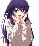  1girl :d commentary grey_sweater hands_on_own_cheeks hands_on_own_face highres hoshino_ai_(oshi_no_ko) kusana_(kusana47454281) long_hair long_sleeves looking_at_viewer multicolored_hair open_mouth oshi_no_ko purple_hair sidelocks simple_background smile solo star-shaped_pupils star_(symbol) streaked_hair sweater symbol-shaped_pupils upper_body violet_eyes white_background 