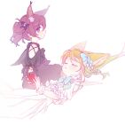  2girls animal_ear_fluff animal_ears apple arknights black_dress braid closed_eyes closed_mouth clothing_cutout commentary_request dress extra_ears food fox_ears fox_girl fruit hair_ornament holding holding_food holding_fruit kemono_(fukanasumi) long_hair multiple_girls parted_lips purple_hair shamare_(arknights) short_hair shoulder_cutout simple_background skull_hair_ornament suzuran_(arknights) twintails violet_eyes white_background white_dress 